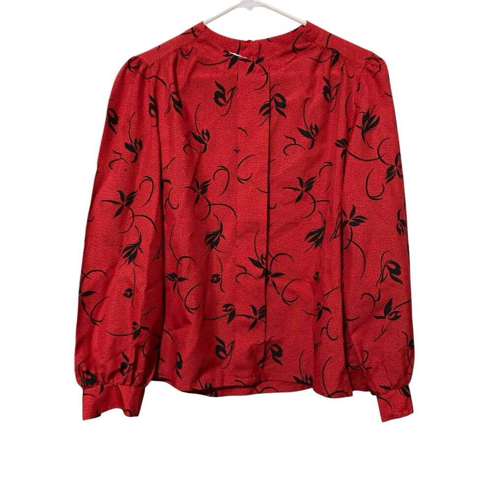 Vintage Secretary Top Womens 12 Office Feminine Puff Sleeves 80s Red & Black